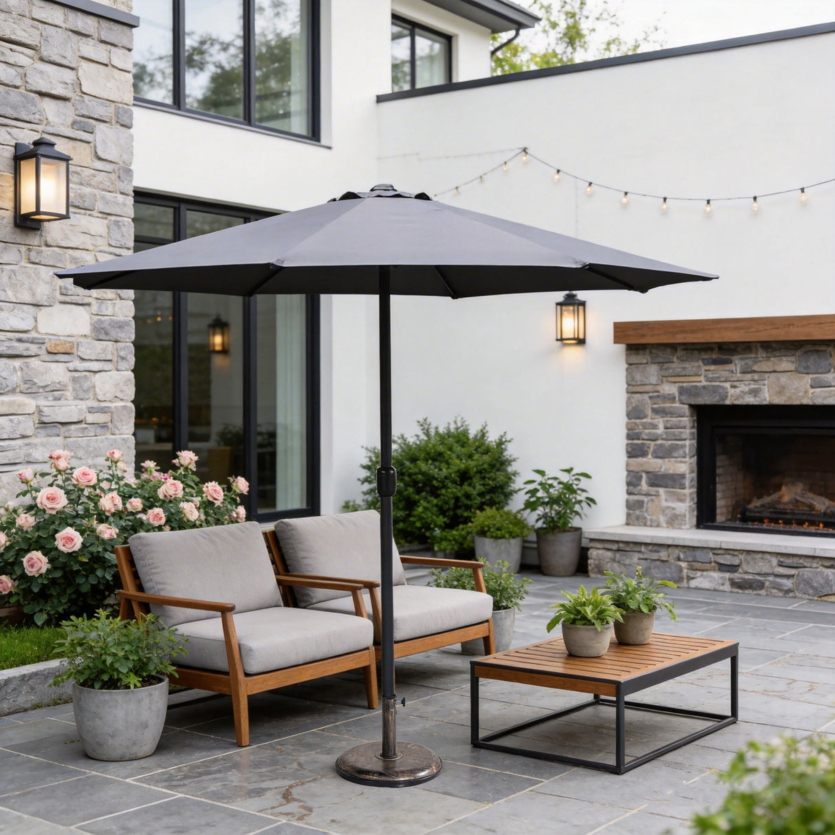 Outdoor Garden Parasol with Steel Pole -  8 Rib, Crank Handle & Vent