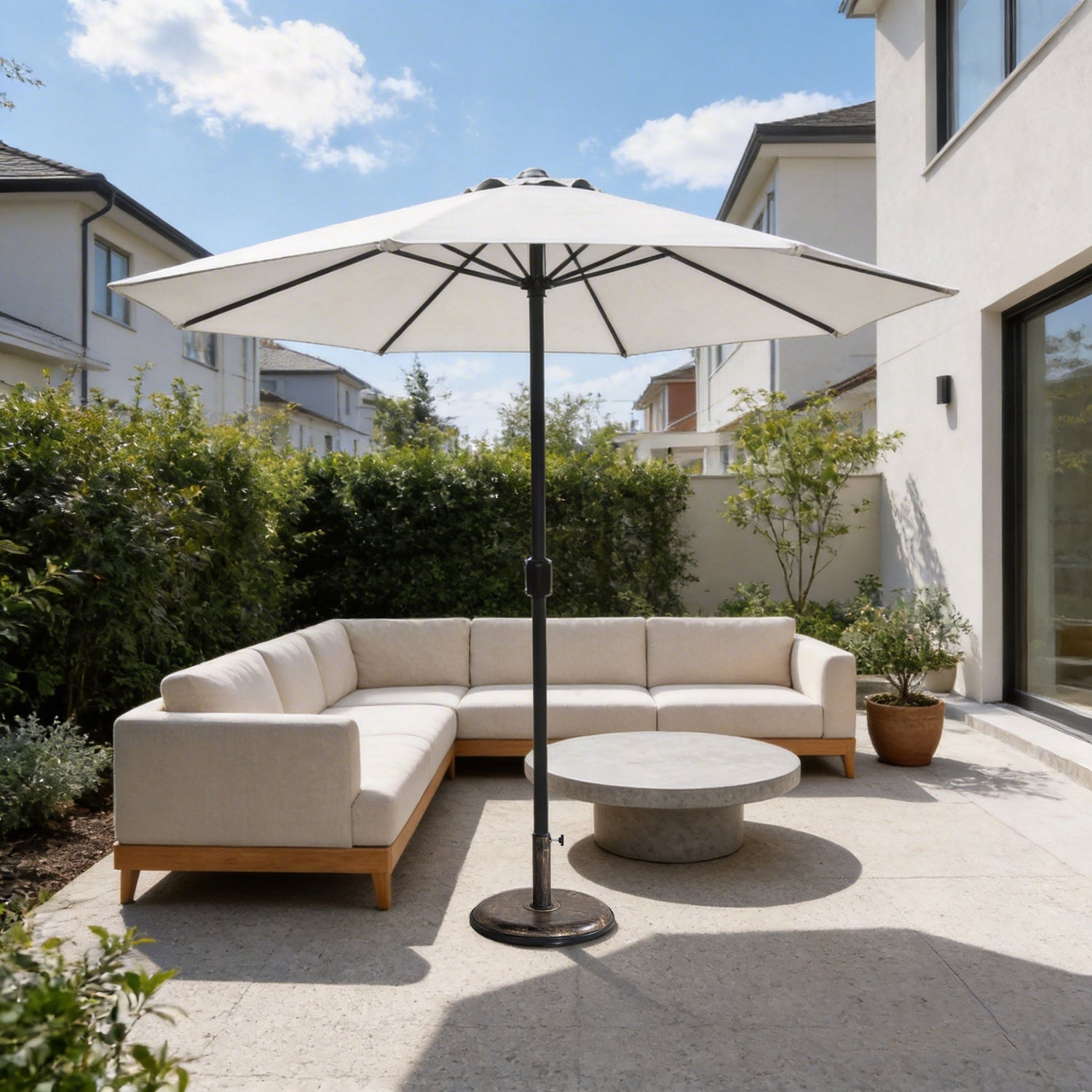 Outdoor Garden Parasol with Steel Pole -  8 Rib, Crank Handle & Vent