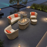 4 Seater Rattan Garden Fire Pit Sofa Set with Side Tables and Footstools - Outdoor Patio Furniture