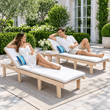 Outdoor Solid Wood Sun Lounger Set - 2 Adjustable Backrest Loungers with Round Side Table