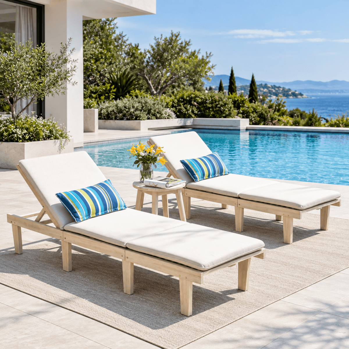 Outdoor Solid Wood Sun Lounger Set - 2 Adjustable Backrest Loungers with Round Side Table