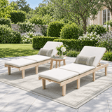 Outdoor Solid Wood Sun Lounger Set - 2 Adjustable Backrest Loungers with Round Side Table