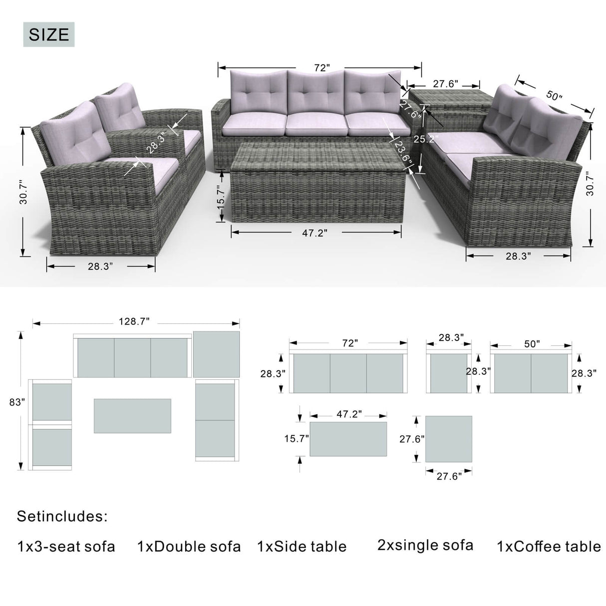 7-Seater Outdoor Sofa Set with Storage Box - PAS-1503-GR