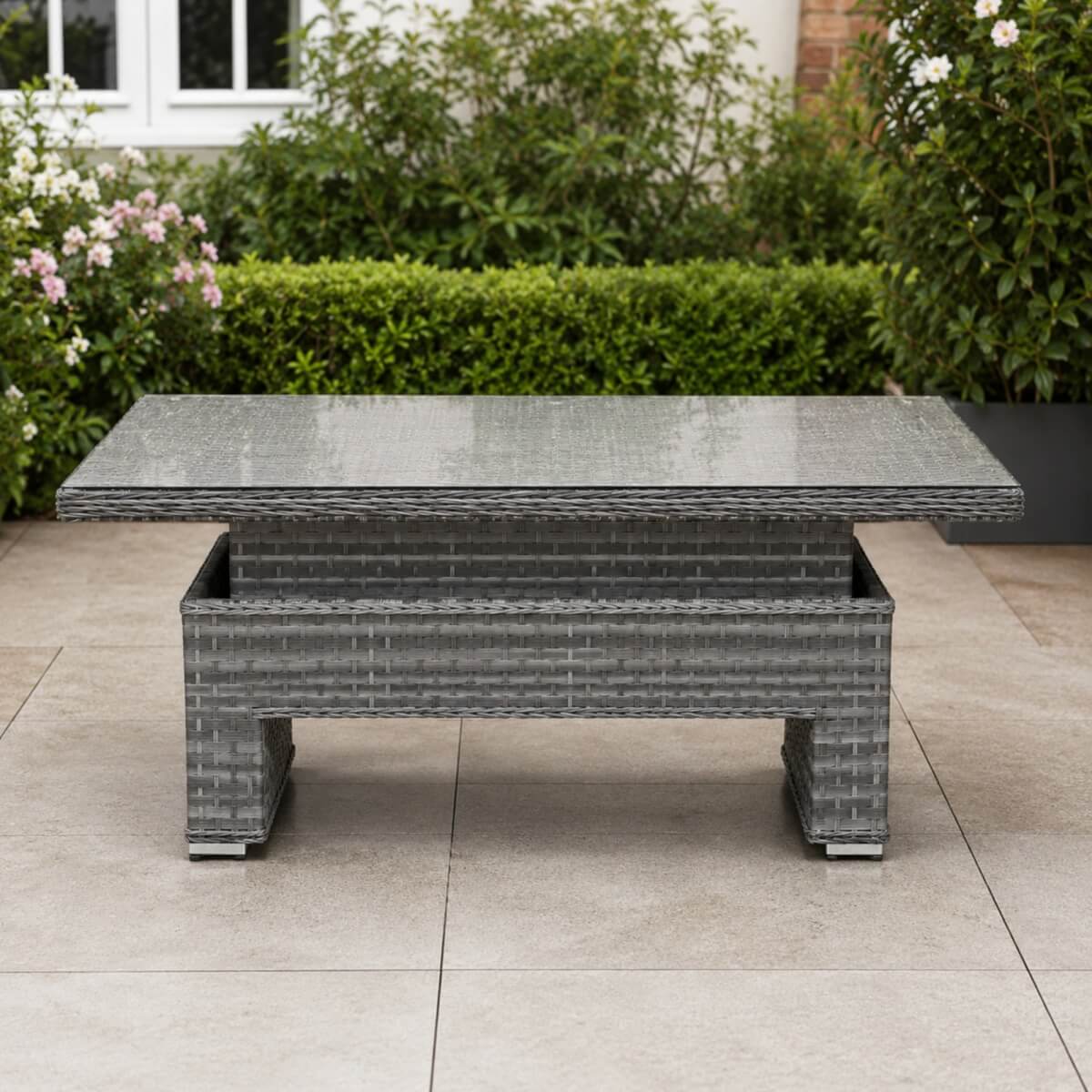 Rectangular Rattan Garden Coffee Table - Adjustable Height with Tempered Glass Top