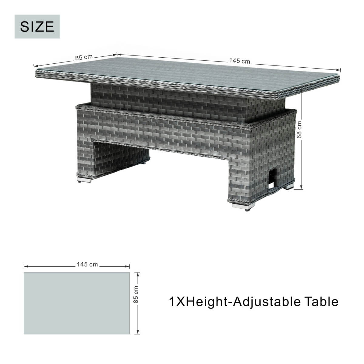 Rectangular Rattan Garden Coffee Table - Adjustable Height with Tempered Glass Top