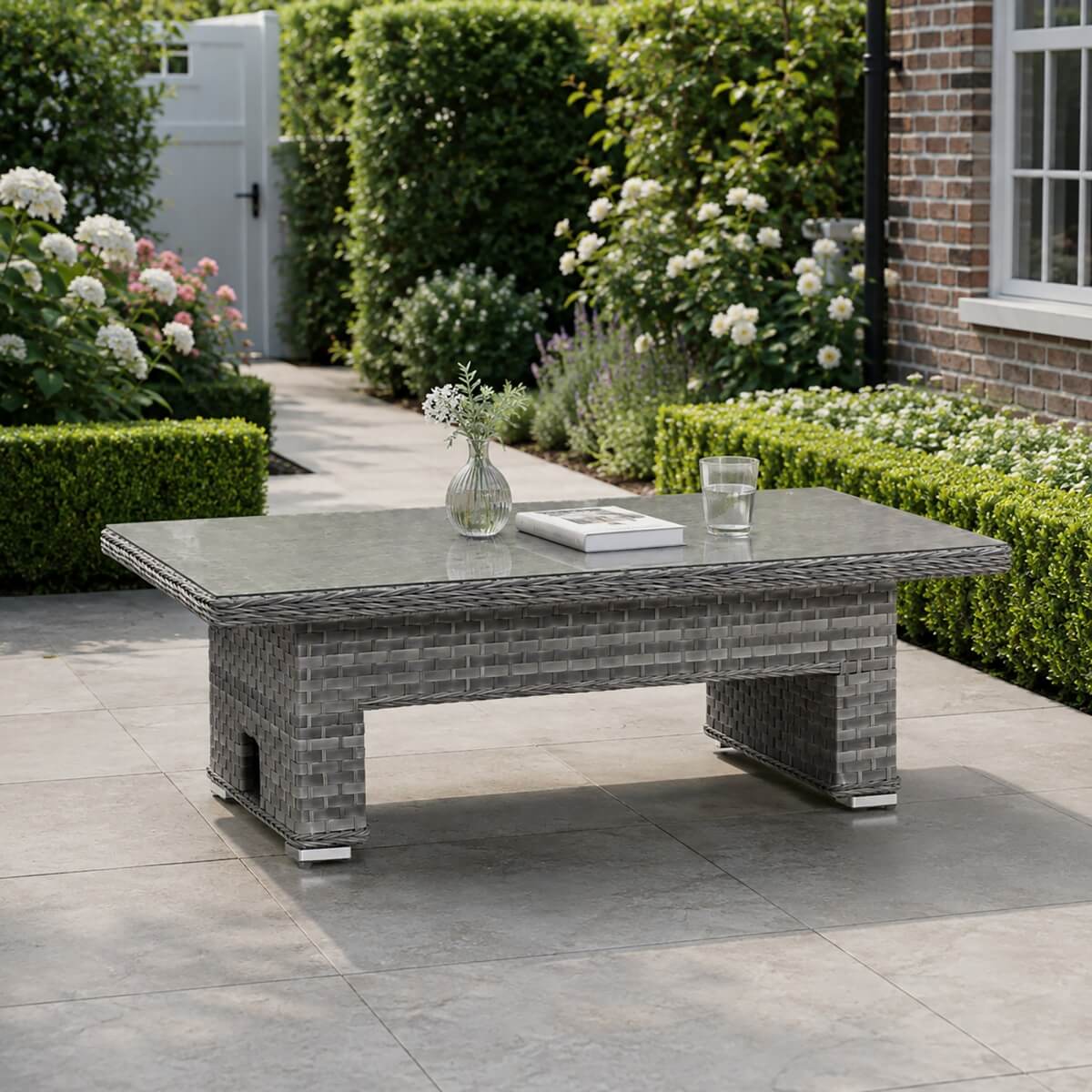 Rectangular Rattan Garden Coffee Table - Adjustable Height with Tempered Glass Top