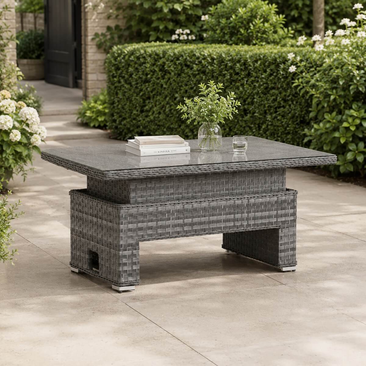 Rectangular Rattan Garden Coffee Table - Adjustable Height with Tempered Glass Top