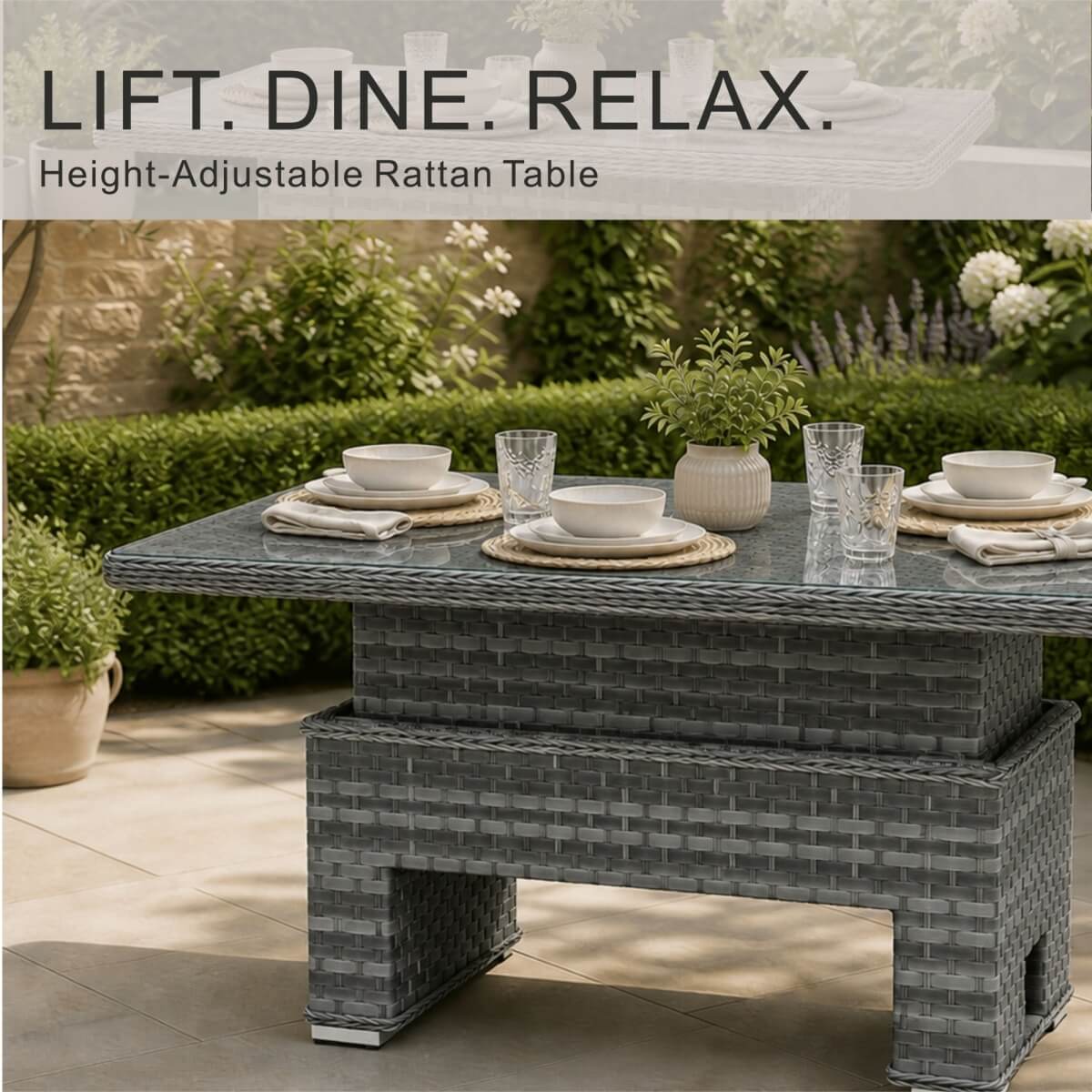 Rectangular Rattan Garden Coffee Table - Adjustable Height with Tempered Glass Top