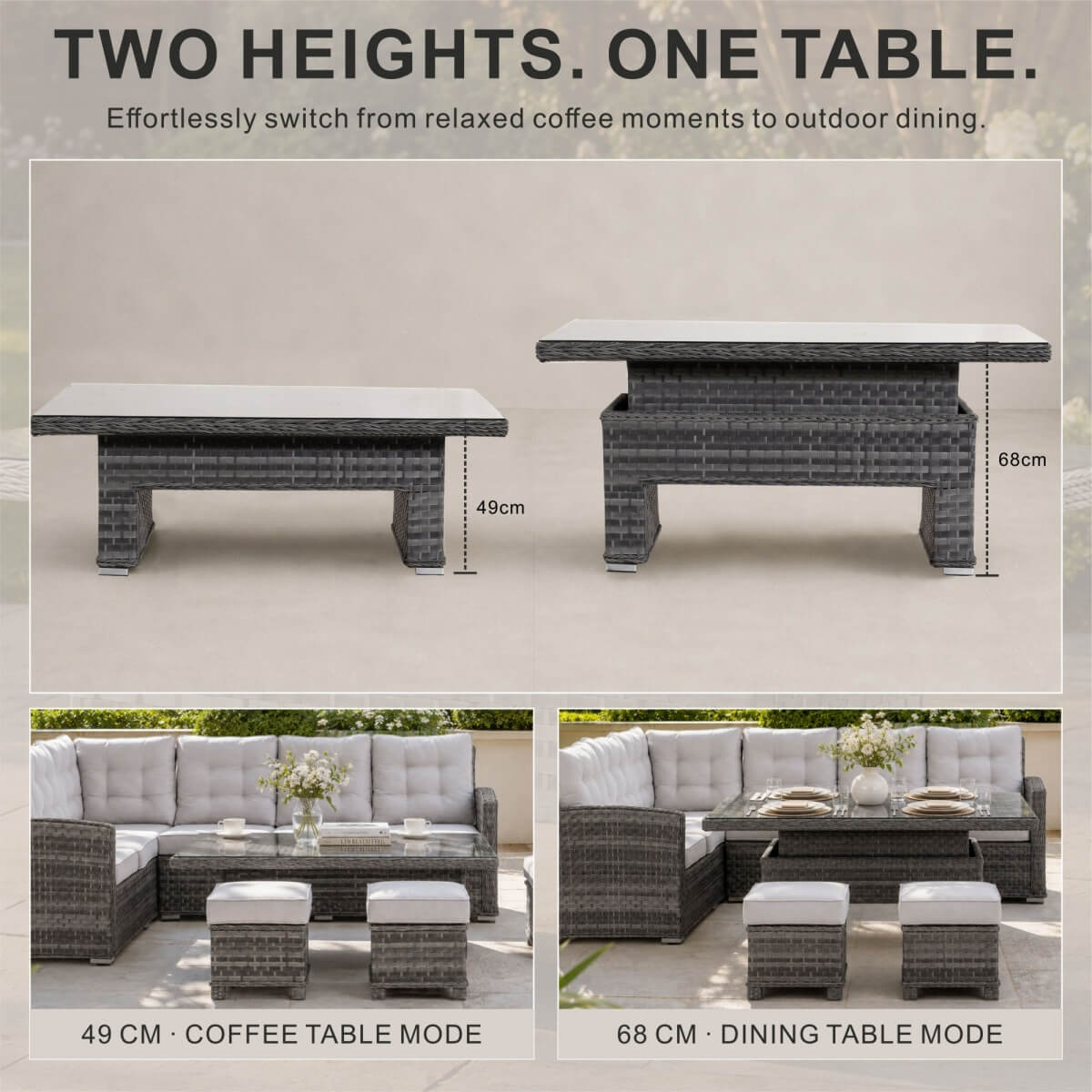 Rectangular Rattan Garden Coffee Table - Adjustable Height with Tempered Glass Top
