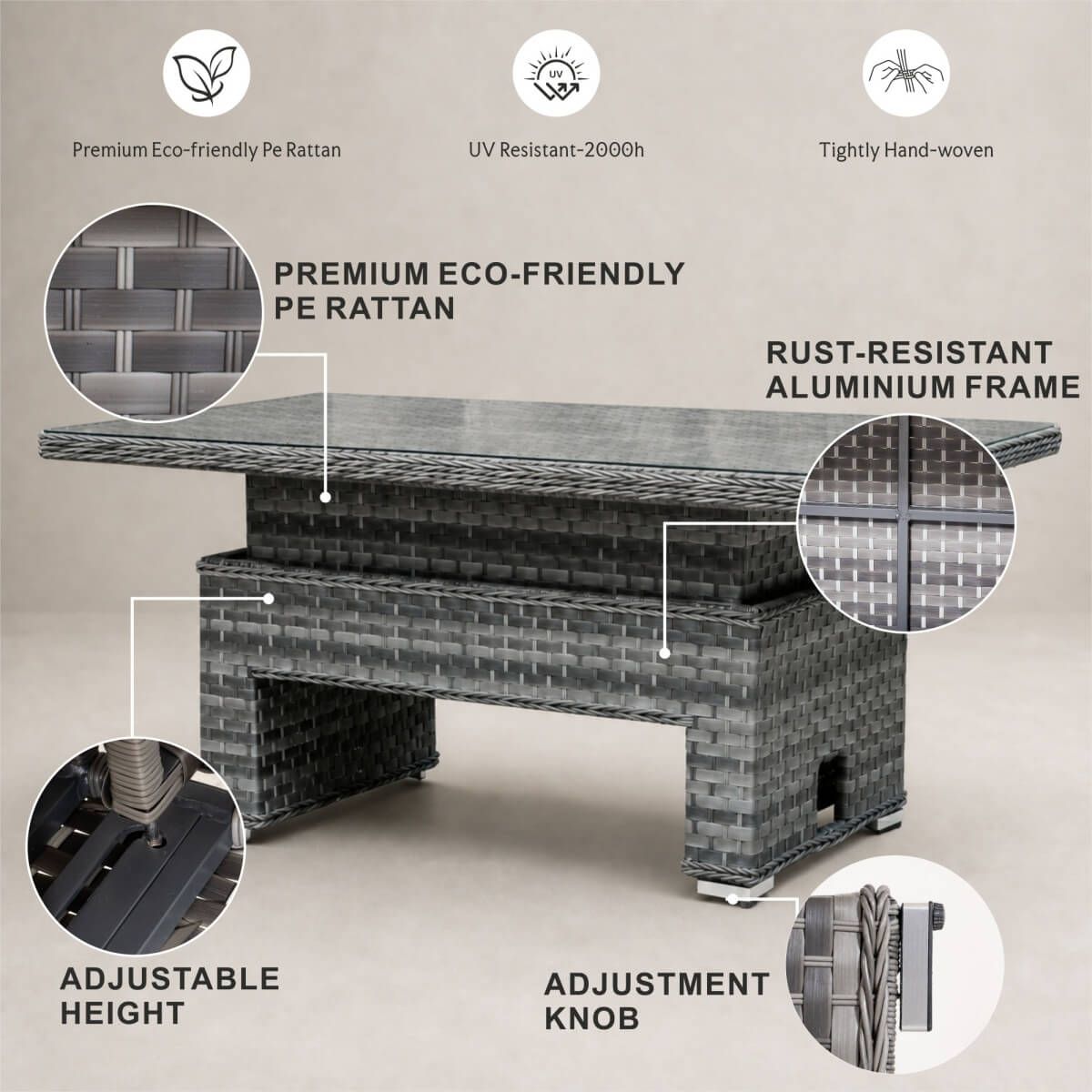 Rectangular Rattan Garden Coffee Table - Adjustable Height with Tempered Glass Top