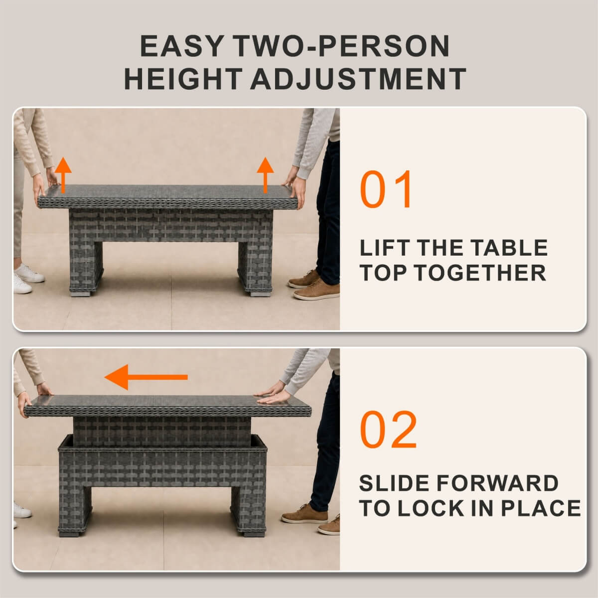 Rectangular Rattan Garden Coffee Table - Adjustable Height with Tempered Glass Top