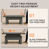 Rectangular Rattan Garden Coffee Table - Adjustable Height with Tempered Glass Top