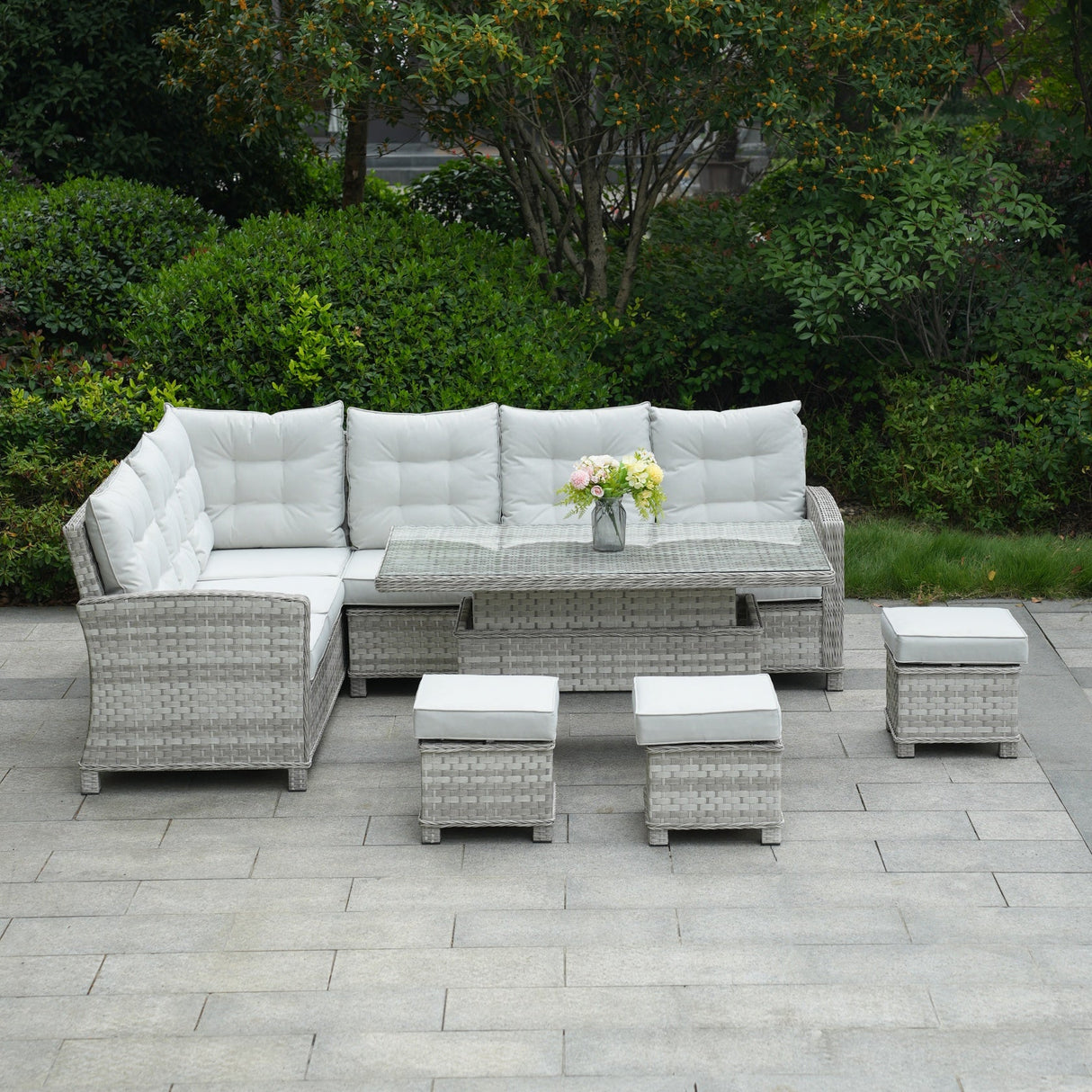 8-Piece PE Rattan Aluminum Corner Conversation Sofa Set with Adjustable Lift Table PAS-16002B-SET