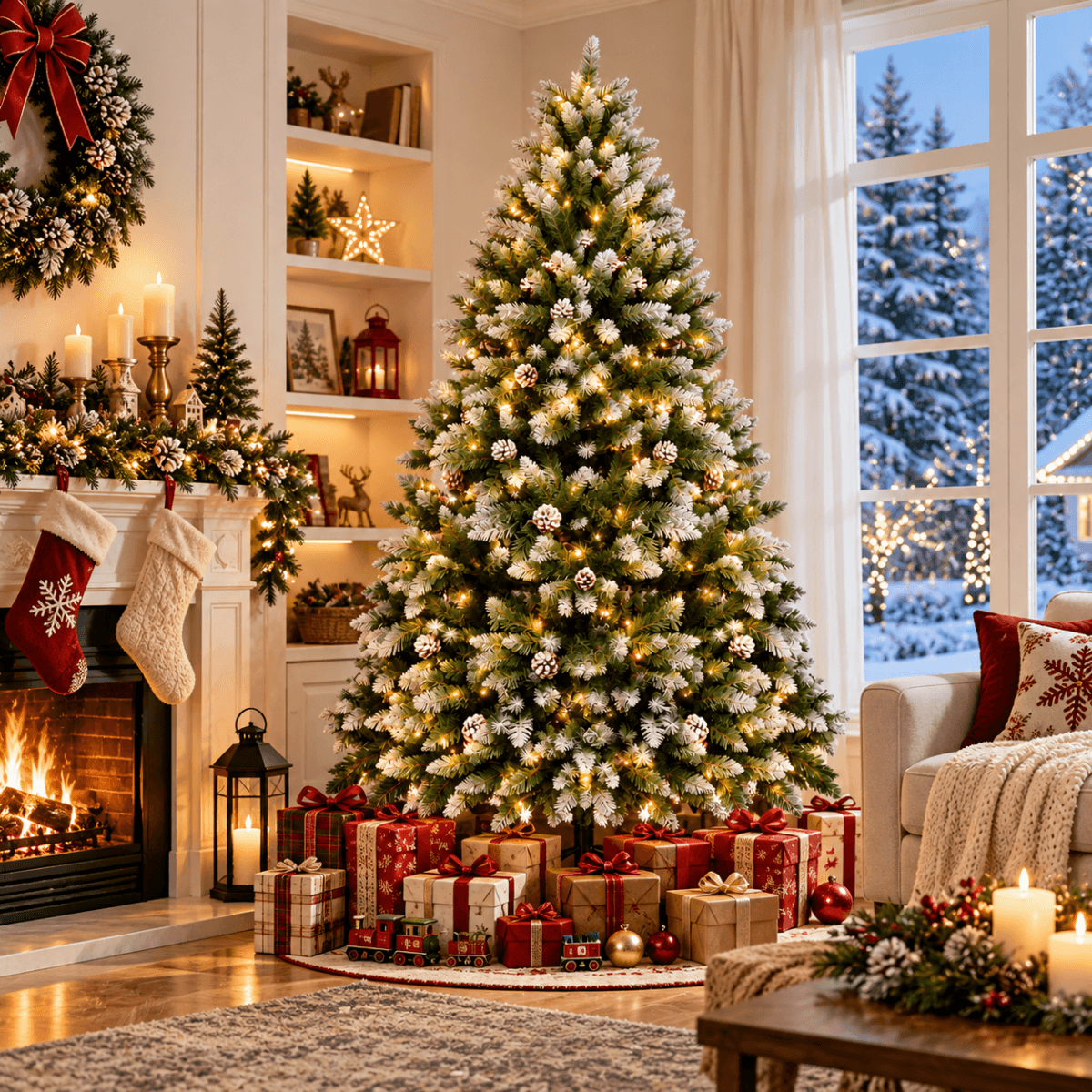 Snow Flocked Artificial Christmas Tree with Pine Cones - Full PVC Xmas Tree with 8-Mode Warm White LED Lights, 6ft/7ft