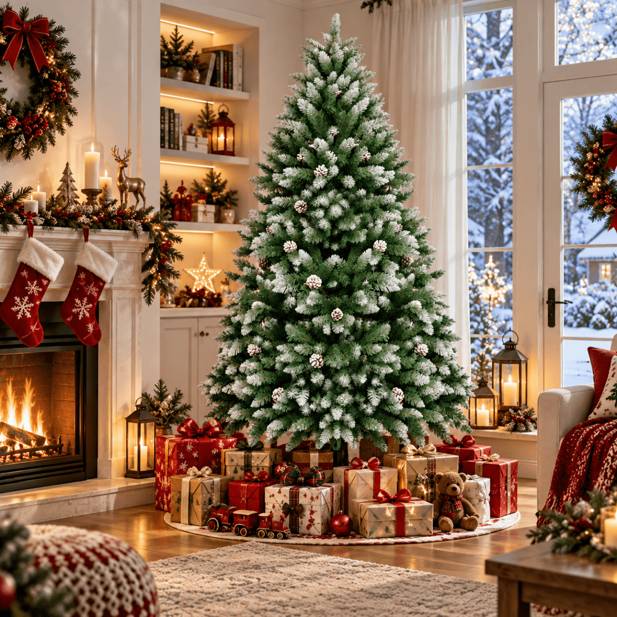 Snow-Flocked Artificial Christmas Tree with Pine Cones - Realistic Green Xmas Tree for Indoor Home Decoration