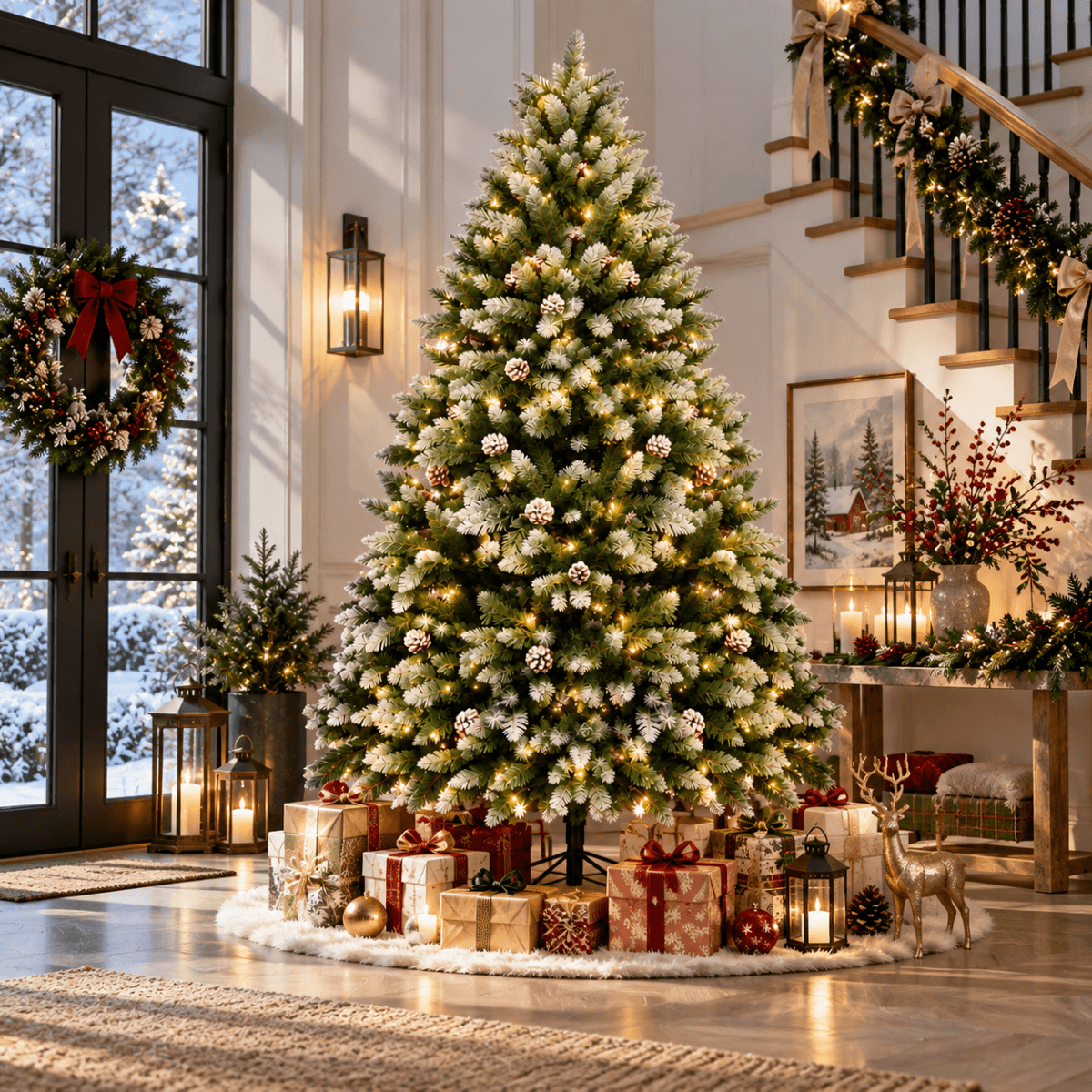 Snow Flocked Artificial Christmas Tree with Pine Cones - Full PVC Xmas Tree with 8-Mode Warm White LED Lights, 6ft/7ft