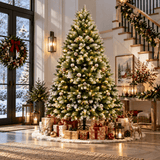 Snow Flocked Artificial Christmas Tree with Pine Cones - Full PVC Xmas Tree with 8-Mode Warm White LED Lights, 6ft/7ft