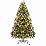 Snow Flocked Artificial Christmas Tree with Pine Cones - Full PVC Xmas Tree with 8-Mode Warm White LED Lights, 6ft/7ft