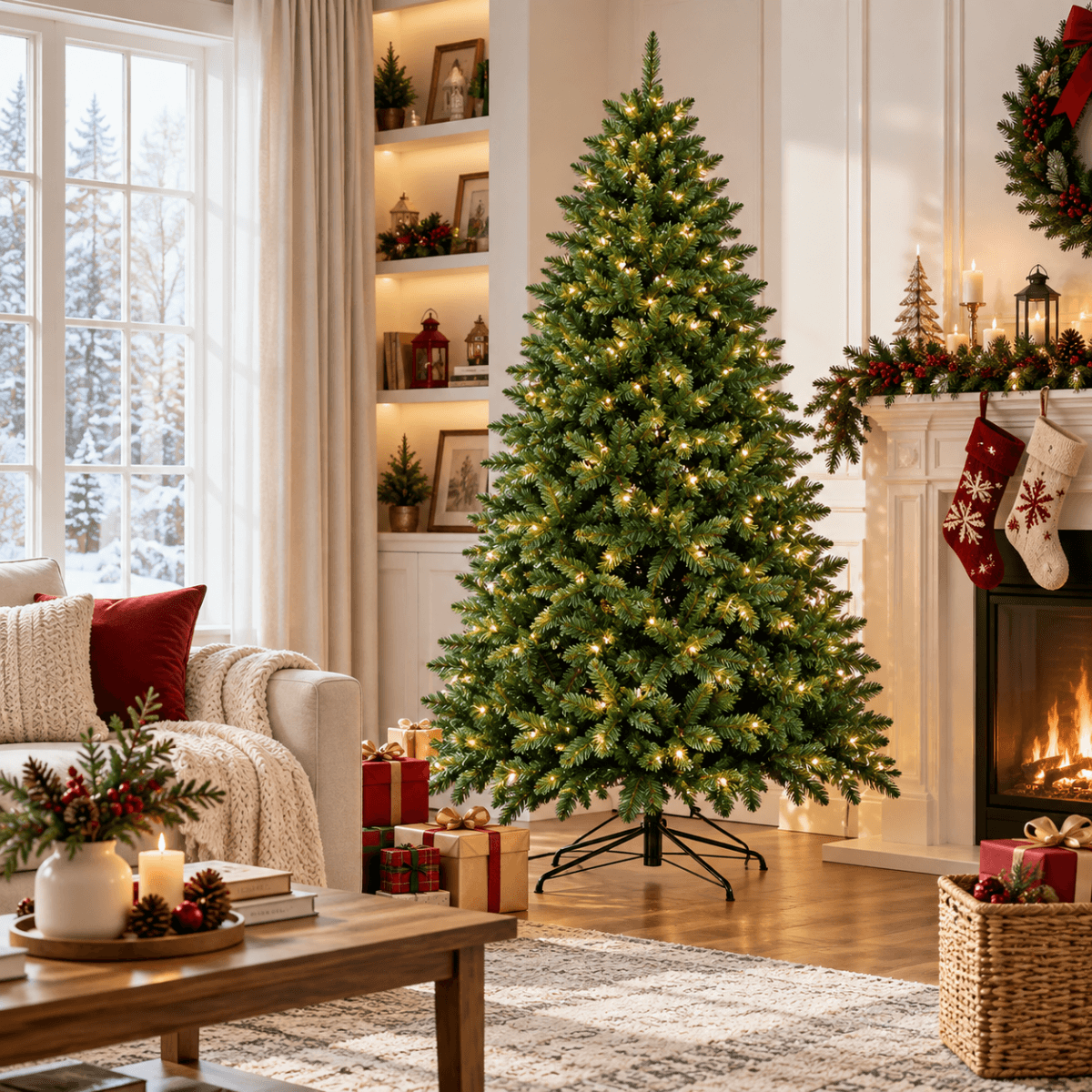 Realistic Full Green Artificial Christmas Tree - Lush PVC Xmas Tree with Pre-Lit Warm White LED Lights for Indoor Festive Decoration, 6ft/7ft