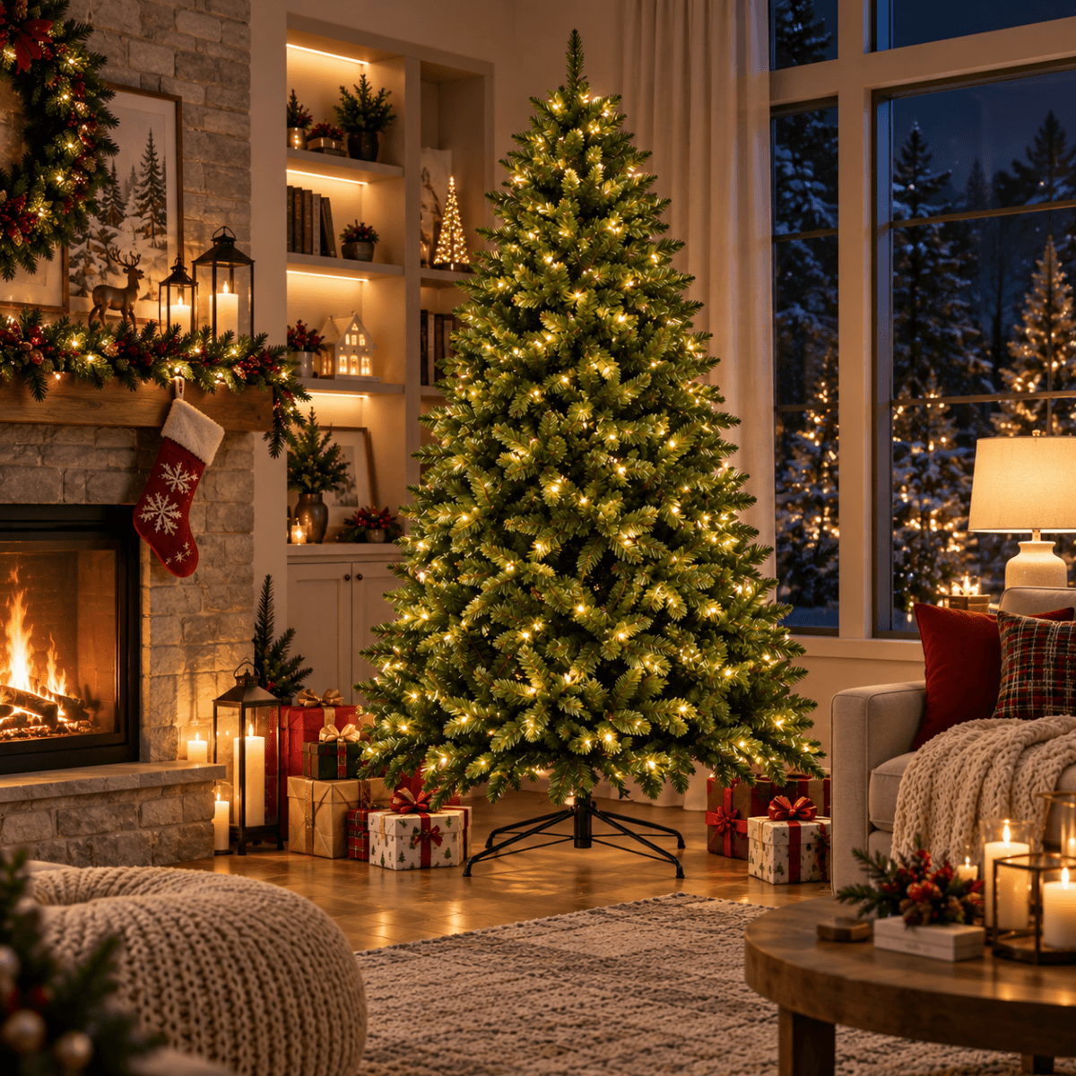 Realistic Full Green Artificial Christmas Tree - Lush PVC Xmas Tree with Pre-Lit Warm White LED Lights for Indoor Festive Decoration, 6ft/7ft