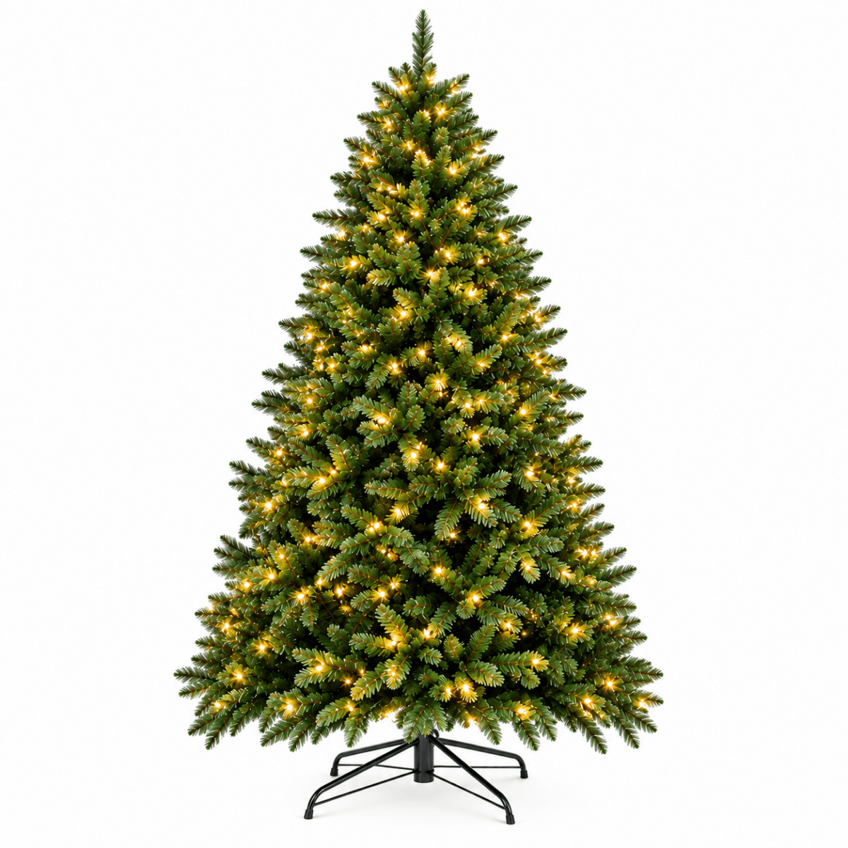 Realistic Full Green Artificial Christmas Tree - Lush PVC Xmas Tree with Pre-Lit Warm White LED Lights for Indoor Festive Decoration, 6ft/7ft