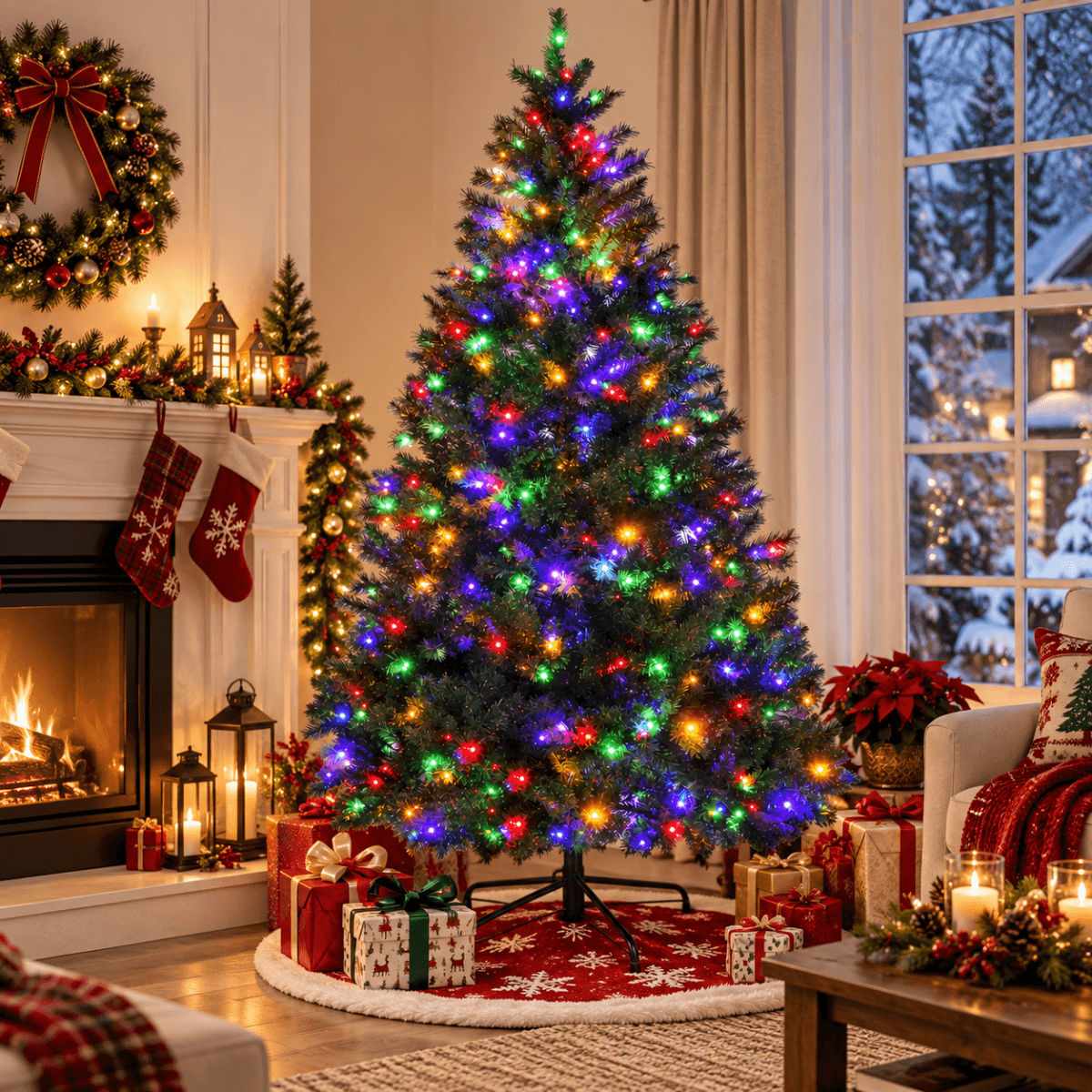 Realistic Full Green Artificial Christmas Tree - Premium PVC Xmas Tree with Pre-Lit 11-Mode Color-Changing LED Lights, 6ft/7ft