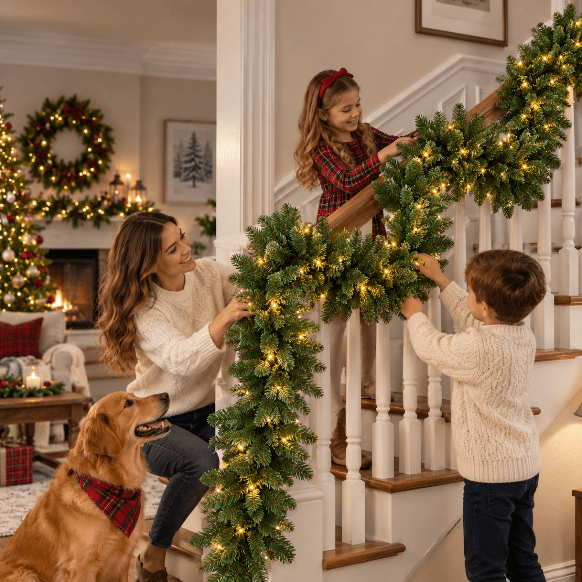 Pre-Lit Christmas Garland - Realistic PVC Foliage Garland with LED Lights for Festive Decoration