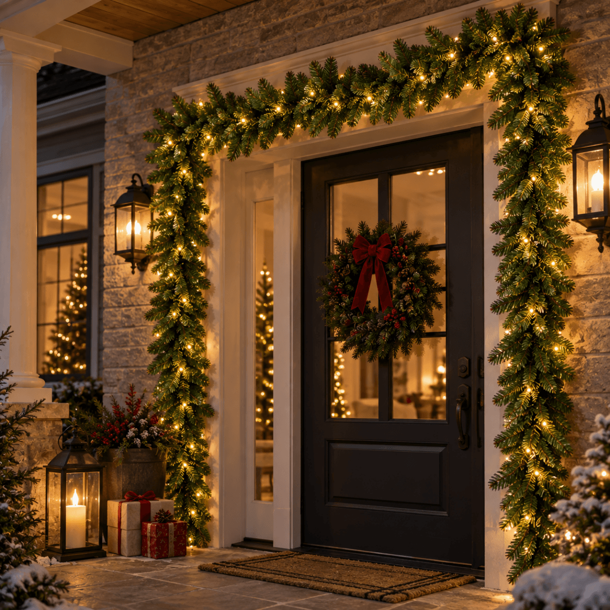 Pre-Lit Christmas Garland - Realistic PVC Foliage Garland with LED Lights for Festive Decoration