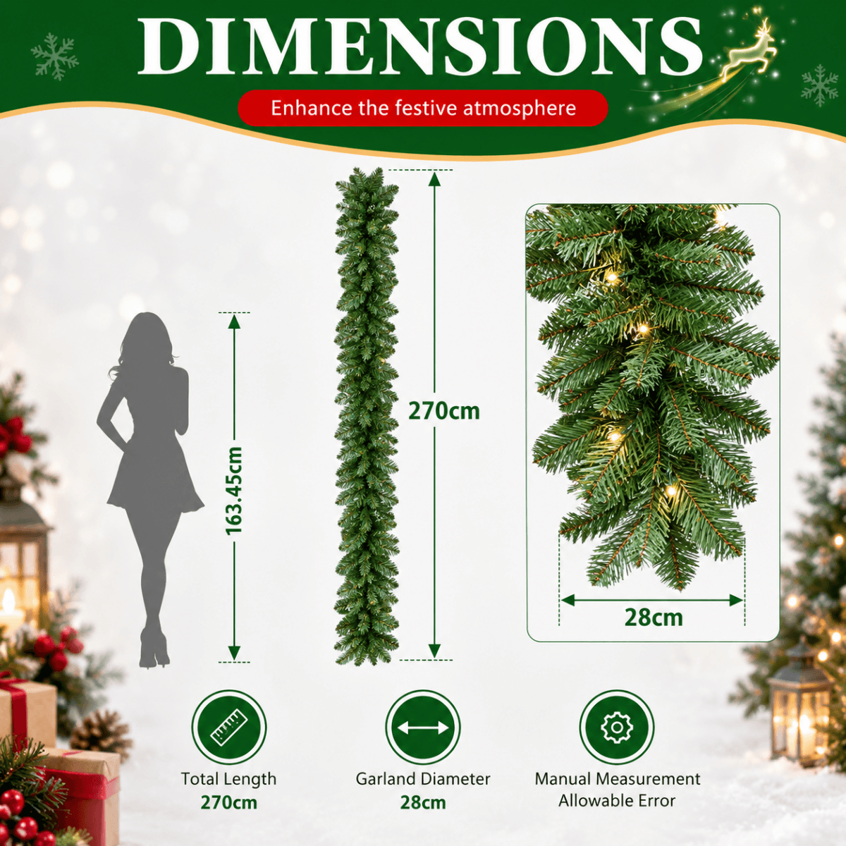 Pre-Lit Christmas Garland - Realistic PVC Foliage Garland with LED Lights for Festive Decoration