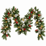 Realistic PVC Christmas Garland - Lush Foliage with Pine Cones, Red Berries & Pre-Lit LED Lights