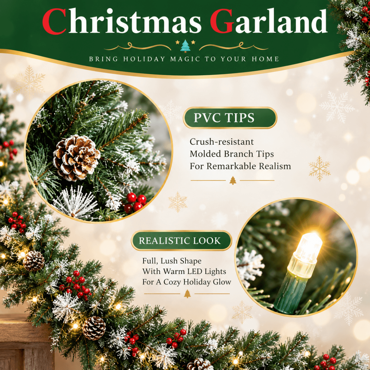 Realistic PVC Christmas Garland - Lush Foliage with Pine Cones, Red Berries & Pre-Lit LED Lights