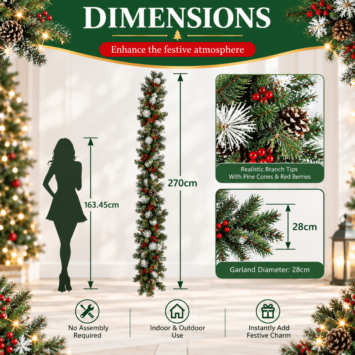 Realistic PVC Christmas Garland - Lush Foliage with Pine Cones, Red Berries & Pre-Lit LED Lights
