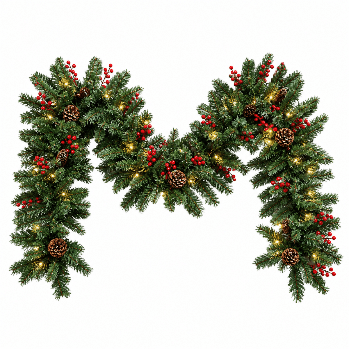 PVC Christmas Garland - Pine Cones & Red Berries with Pre-Lit LED Lights