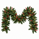 PVC Christmas Garland - Pine Cones & Red Berries with Pre-Lit LED Lights