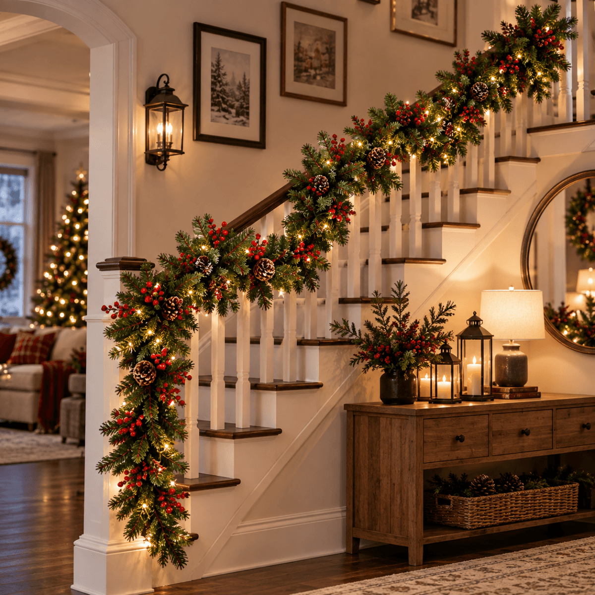 PVC Christmas Garland - Pine Cones & Red Berries with Pre-Lit LED Lights