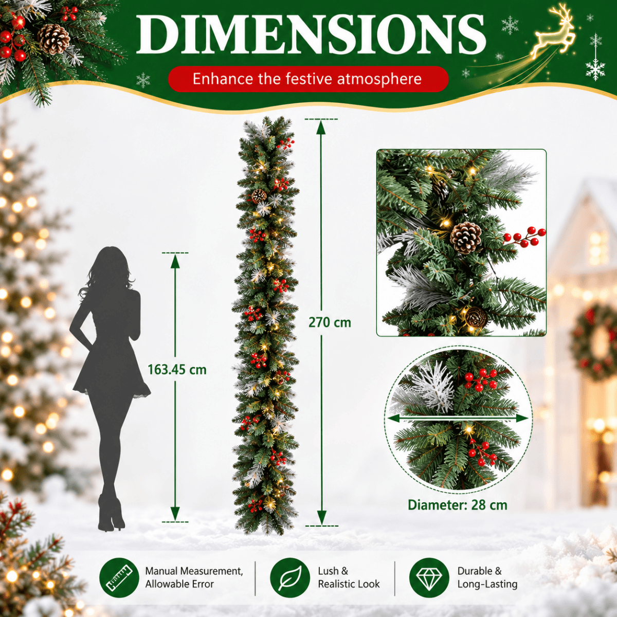 Festive PVC Christmas Garland - Pine Cones & Red Berries with Pre-Lit LED Lights