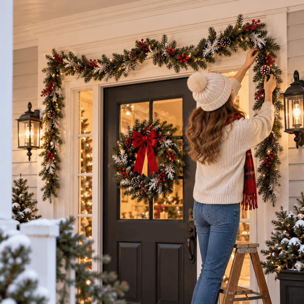 Festive PVC Christmas Garland - Pine Cones & Red Berries with Pre-Lit LED Lights