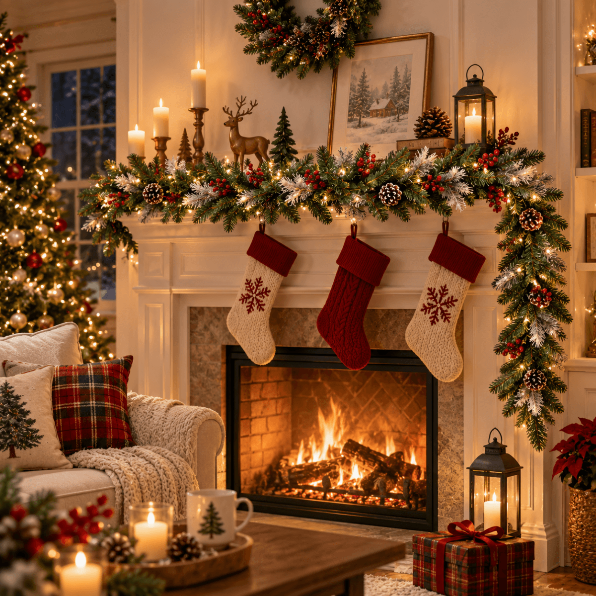 Festive PVC Christmas Garland - Pine Cones & Red Berries with Pre-Lit LED Lights