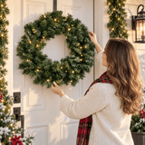 Pre-Lit Artificial Christmas Wreath - Realistic PVC Foliage Wreath with Warm White LED Lights for Door & Home Decoration