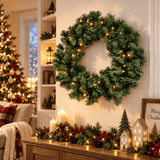 Pre-Lit Artificial Christmas Wreath - Realistic PVC Foliage Wreath with Warm White LED Lights for Door & Home Decoration