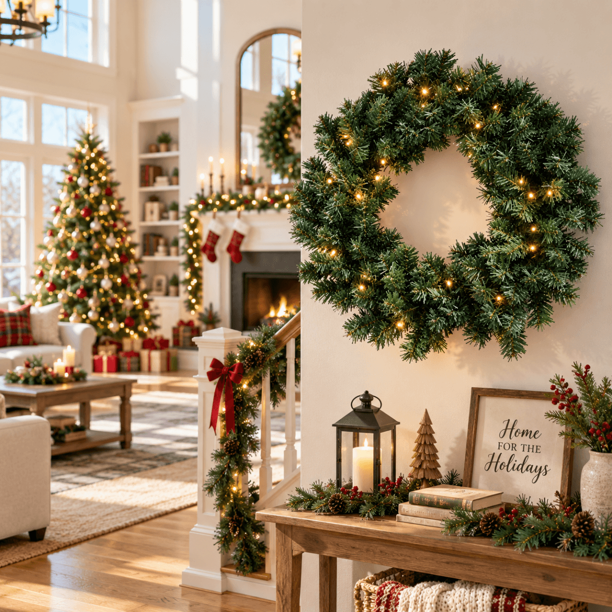 Pre-Lit Artificial Christmas Wreath - Realistic PVC Foliage Wreath with Warm White LED Lights for Door & Home Decoration