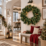 Pre-Lit Artificial Christmas Wreath - Realistic PVC Foliage Wreath with Warm White LED Lights for Door & Home Decoration
