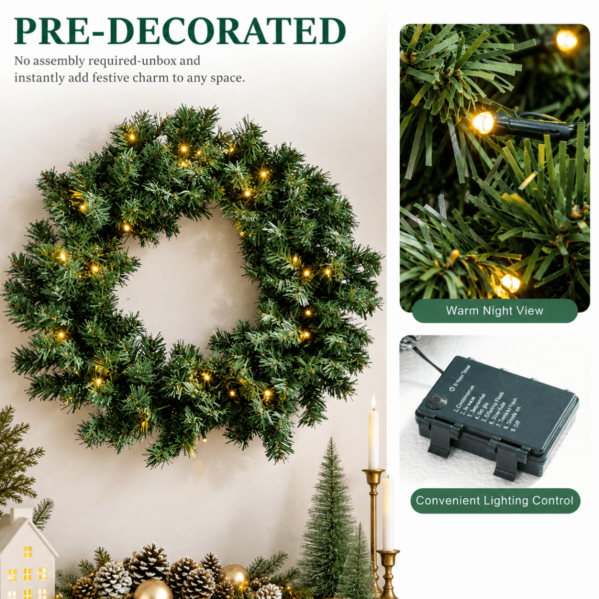Pre-Lit Artificial Christmas Wreath - Realistic PVC Foliage Wreath with Warm White LED Lights for Door & Home Decoration
