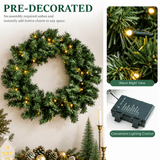 Pre-Lit Artificial Christmas Wreath - Realistic PVC Foliage Wreath with Warm White LED Lights for Door & Home Decoration