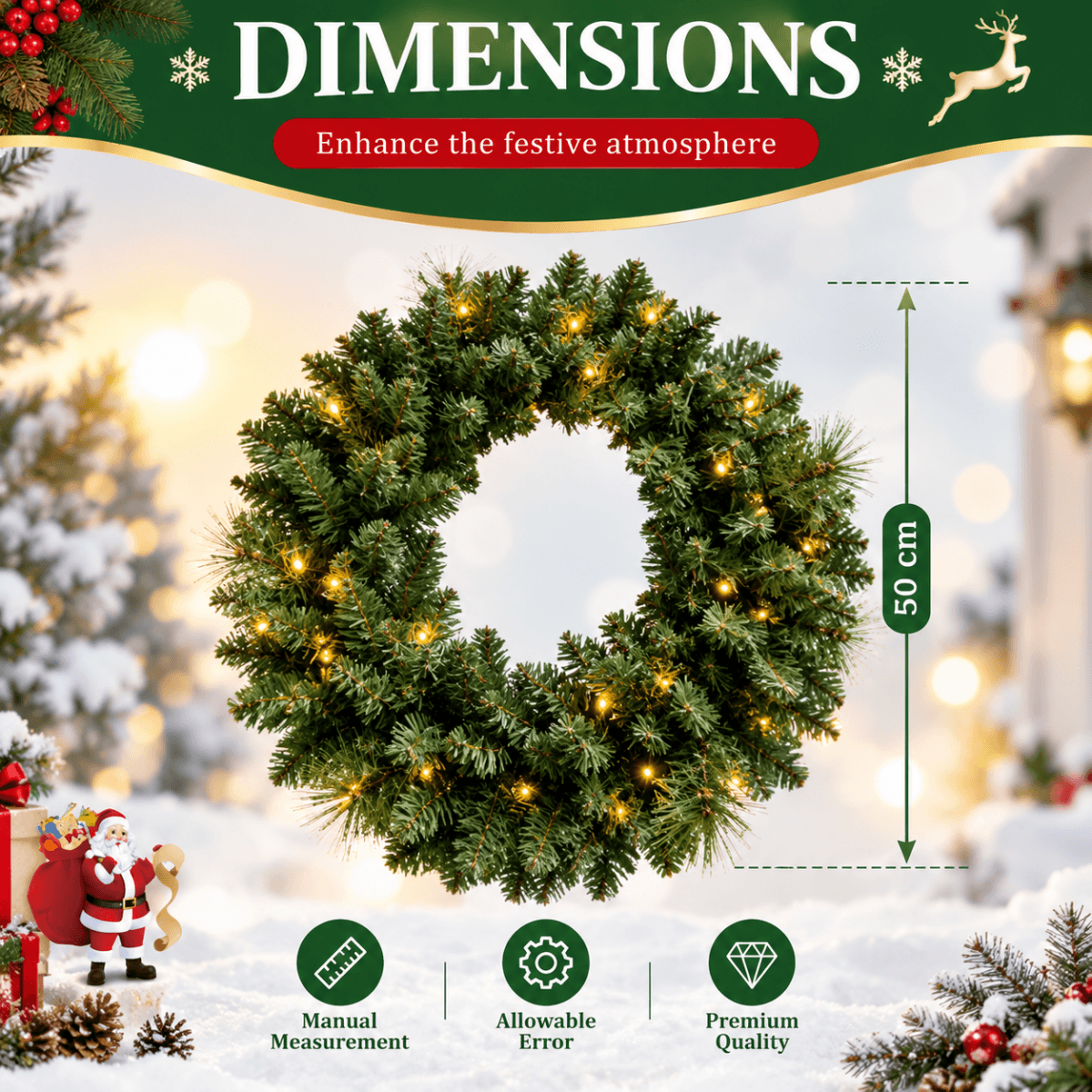 Artificial Christmas Wreath - Realistic PVC Foliage Wreath with Pre-Lit LED Lights for Festive Home & Door Decoration