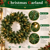 Artificial Christmas Wreath - Realistic PVC Foliage Wreath with Pre-Lit LED Lights for Festive Home & Door Decoration