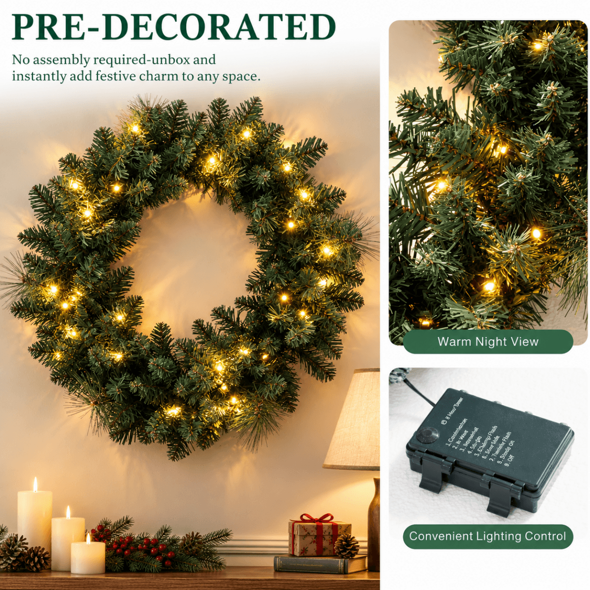 Artificial Christmas Wreath - Realistic PVC Foliage Wreath with Pre-Lit LED Lights for Festive Home & Door Decoration