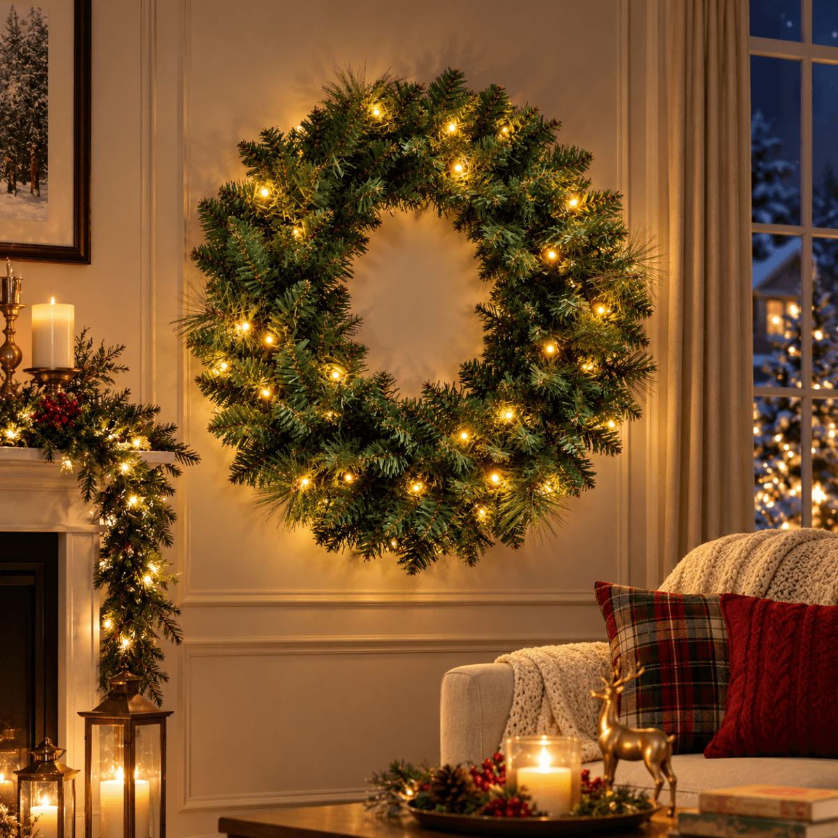 Artificial Christmas Wreath - Realistic PVC Foliage Wreath with Pre-Lit LED Lights for Festive Home & Door Decoration