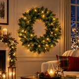 Artificial Christmas Wreath - Realistic PVC Foliage Wreath with Pre-Lit LED Lights for Festive Home & Door Decoration