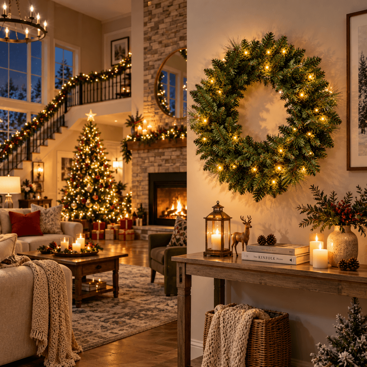 Artificial Christmas Wreath - Realistic PVC Foliage Wreath with Pre-Lit LED Lights for Festive Home & Door Decoration